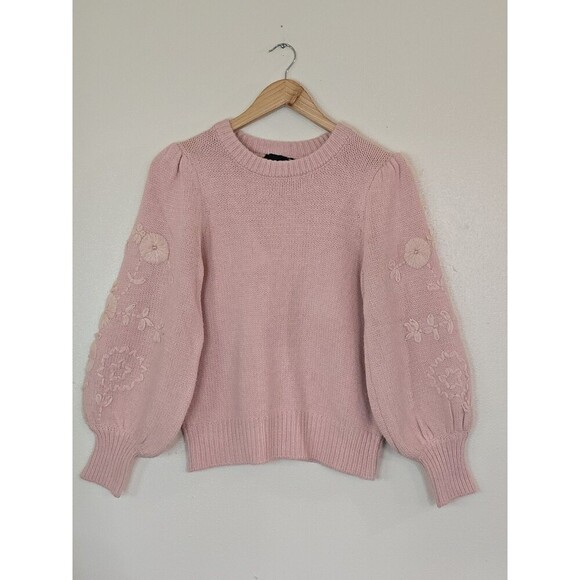 Cliche Pink Knit Sweater Womens Size XS Floral Embroidered Balloon Sleeve - Picture 1 of 9